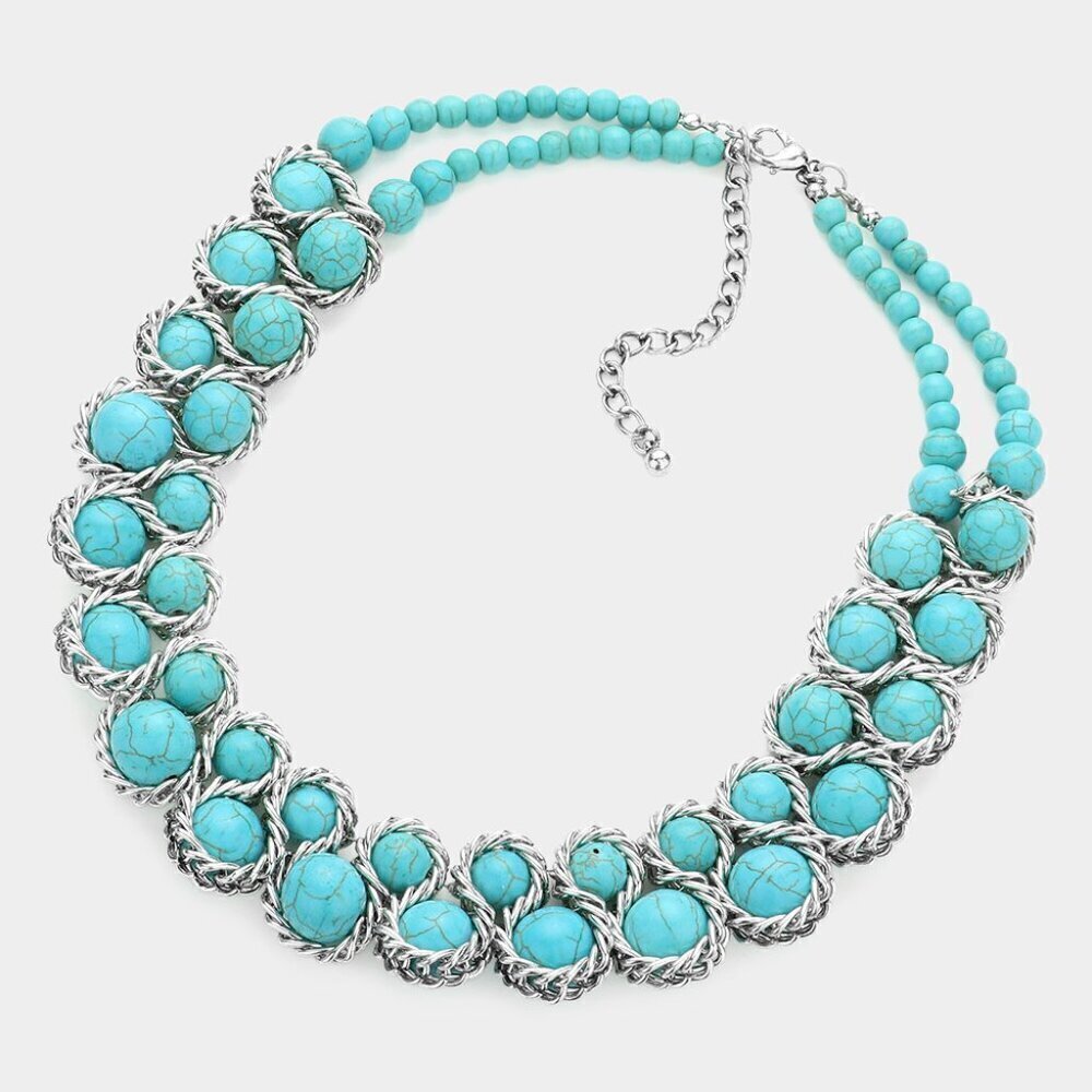 NEW Turquoise Stone Silver Metal Braided Cluster Collar Necklace Set